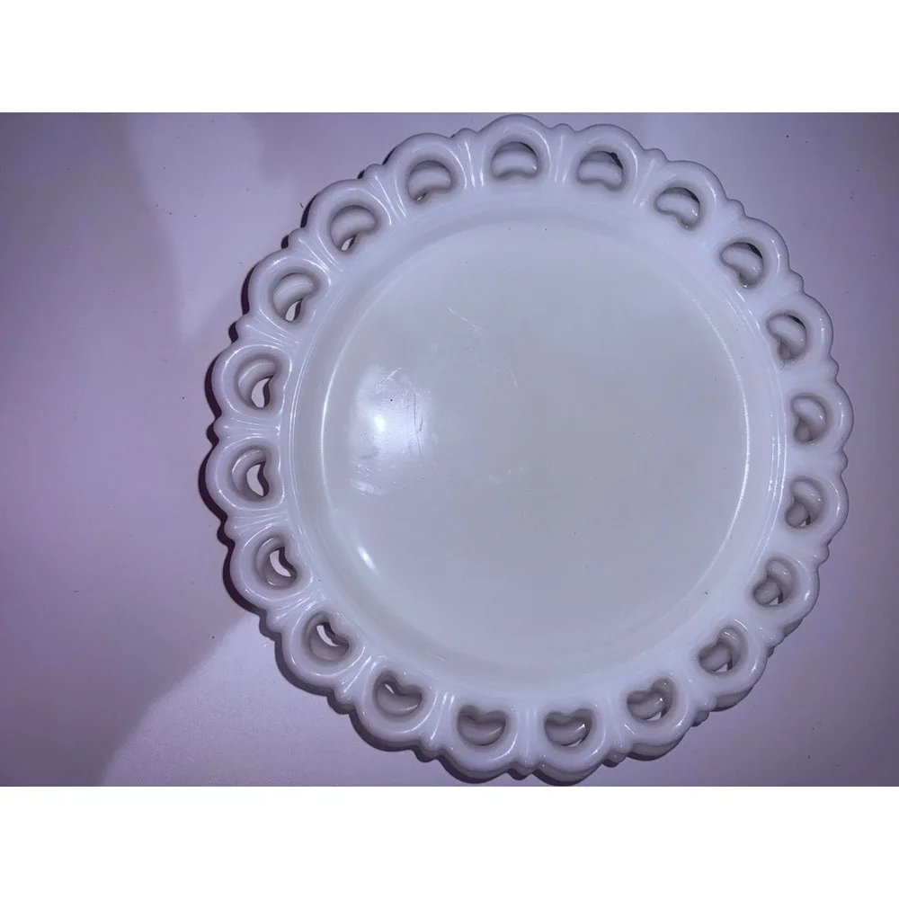 3 VTG MCM Anchor Hocking White Milk Glass Open Heart Lace 12.5